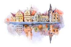 Bruges Cityscape Watercolor Drawing, Belgium. Brugge Canal Aquarelle Painting-undrey-Framed Art Print