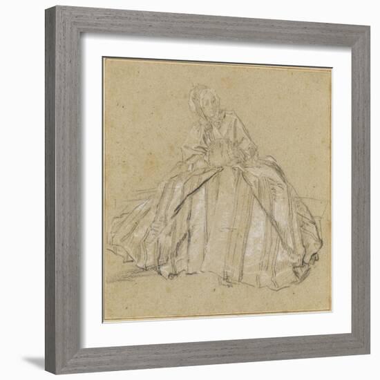 Une femme assise, vêtu d'un large vêtement rayé, les mains dans un manchon-Nicolas Lancret-Framed Giclee Print