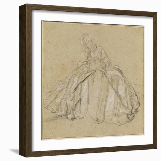 Une femme assise, vêtu d'un large vêtement rayé, les mains dans un manchon-Nicolas Lancret-Framed Giclee Print