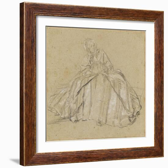 Une femme assise, vêtu d'un large vêtement rayé, les mains dans un manchon-Nicolas Lancret-Framed Giclee Print