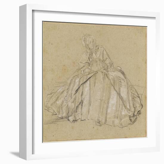 Une femme assise, vêtu d'un large vêtement rayé, les mains dans un manchon-Nicolas Lancret-Framed Giclee Print