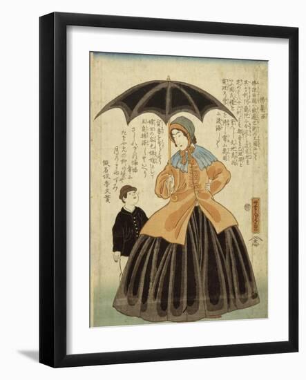 Une Française sous un parapluie accompagnée d'un jeune garçon-Utagawa Yoshitora-Framed Giclee Print