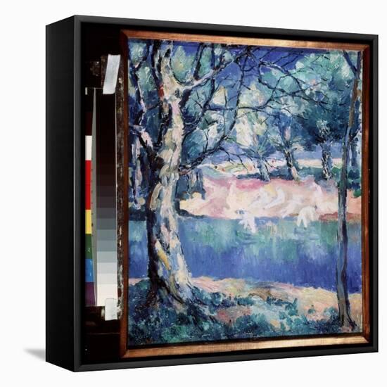 Une Riviere En Foret (A River in Forest). En Plein Ete, Avec Sur La Rive, Des Baigneurs Nus Esquiss-Kazimir Severinovich Malevich-Framed Premier Image Canvas