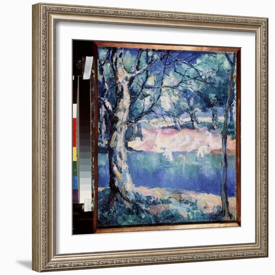 Une Riviere En Foret (A River in Forest). En Plein Ete, Avec Sur La Rive, Des Baigneurs Nus Esquiss-Kazimir Severinovich Malevich-Framed Giclee Print