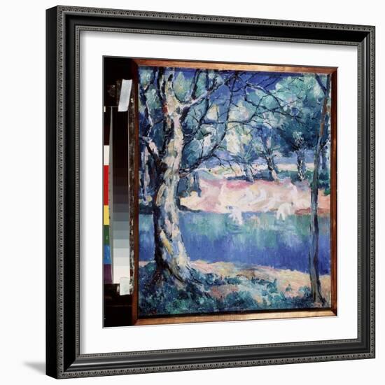 Une Riviere En Foret (A River in Forest). En Plein Ete, Avec Sur La Rive, Des Baigneurs Nus Esquiss-Kazimir Severinovich Malevich-Framed Giclee Print