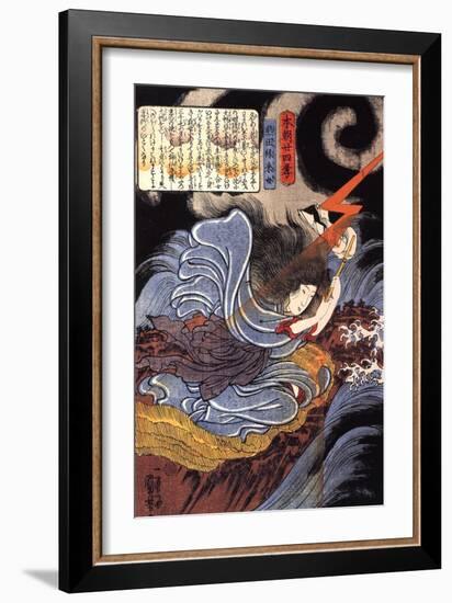 Uneme Is Exorcising the Monstrous Serpent from the Lake-Kuniyoshi Utagawa-Framed Giclee Print