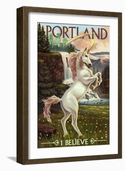 Unicorn and Rainbow - Portland, Oregon-Lantern Press-Framed Art Print