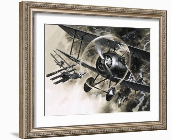 Unidentified Dog Fight Between British Biplanes and a German Triplane-Wilf Hardy-Framed Giclee Print