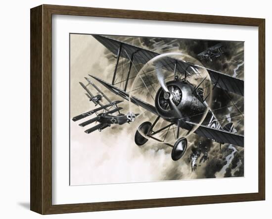 Unidentified Dog Fight Between British Biplanes and a German Triplane-Wilf Hardy-Framed Giclee Print