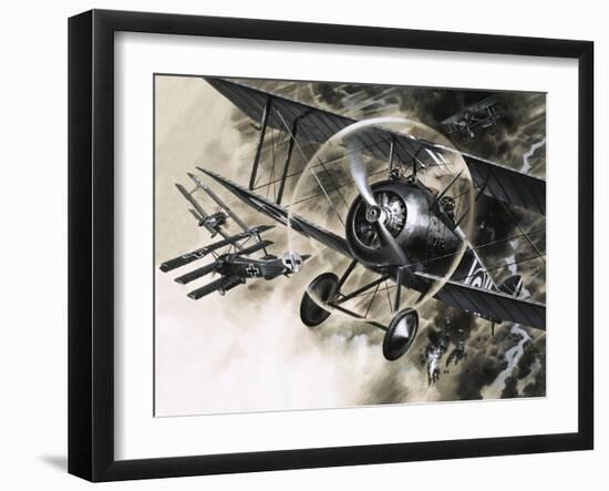 Unidentified Dog Fight Between British Biplanes and a German Triplane-Wilf Hardy-Framed Giclee Print