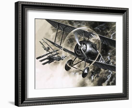 Unidentified Dog Fight Between British Biplanes and a German Triplane-Wilf Hardy-Framed Giclee Print