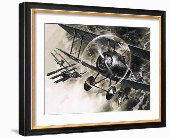 Unidentified Dog Fight Between British Biplanes and a German Triplane-Wilf Hardy-Framed Giclee Print