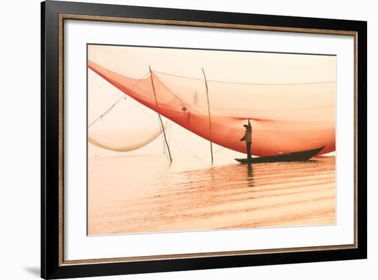 Unidentified Fisherman Checks His Nets in Early Morning on River in Hoian, Vietnam-Jimmy Tran-Framed Photographic Print