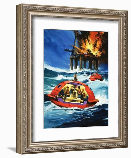 Unidentified Liferaft Escaping Explosion on Oil Rig-Wilf Hardy-Framed Giclee Print