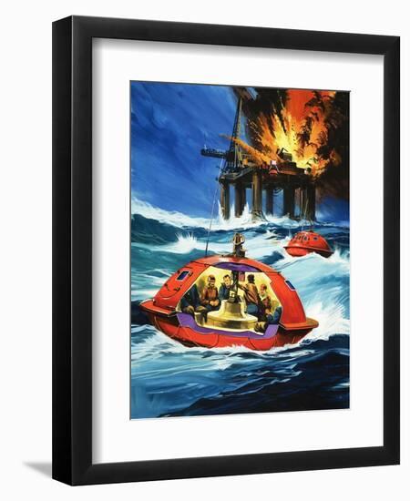 Unidentified Liferaft Escaping Explosion on Oil Rig-Wilf Hardy-Framed Giclee Print