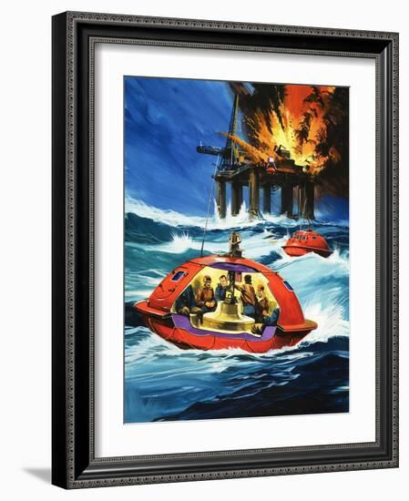 Unidentified Liferaft Escaping Explosion on Oil Rig-Wilf Hardy-Framed Giclee Print