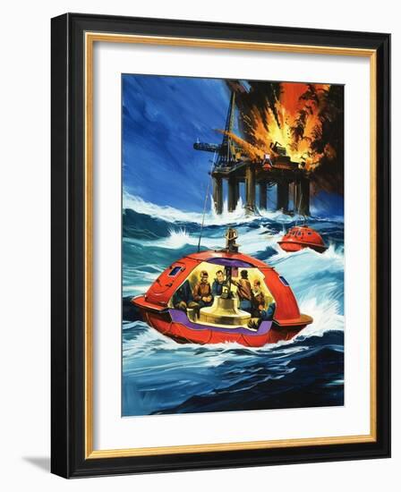 Unidentified Liferaft Escaping Explosion on Oil Rig-Wilf Hardy-Framed Giclee Print