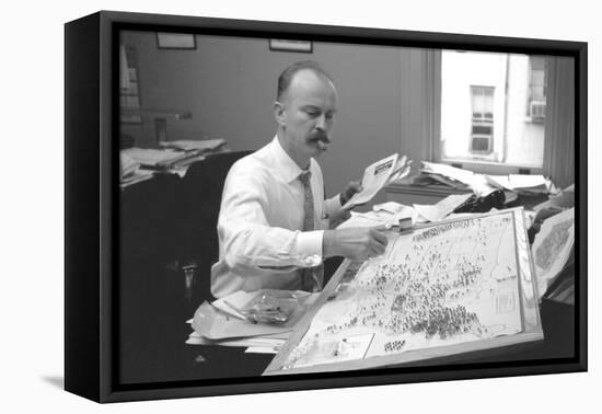 Unidentified Man Pinning a Us Map with Political Religious Bias Statistics, 1960-Walter Sanders-Framed Premier Image Canvas