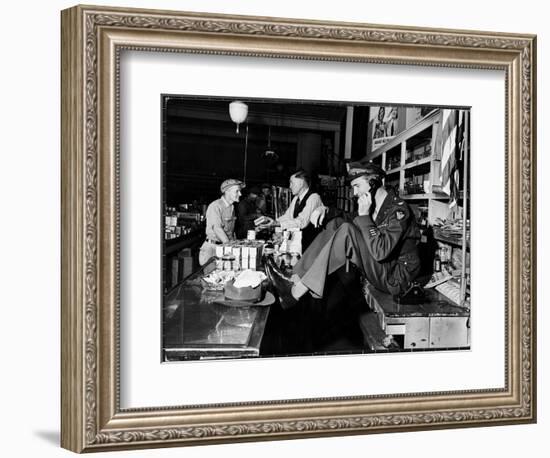 Uniformed Actor/Pilot, Col. Jimmy Stewart Talking on Telephone at Father's Hardware Store-Peter Stackpole-Framed Photographic Print