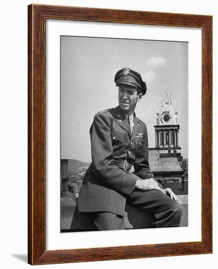 Uniformed Pilot/Actor, Col. Jimmy Stewart, Sitting Outside on Top of Building Upon Return from WWII-Peter Stackpole-Framed Premium Photographic Print