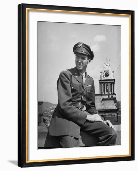 Uniformed Pilot/Actor, Col. Jimmy Stewart, Sitting Outside on Top of Building Upon Return from WWII-Peter Stackpole-Framed Premium Photographic Print