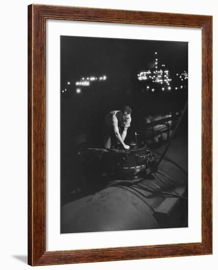 Union Carbide Company Employee Loading Tank Cars with Butadiene-Ralph Morse-Framed Photographic Print