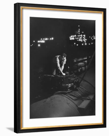 Union Carbide Company Employee Loading Tank Cars with Butadiene-Ralph Morse-Framed Photographic Print