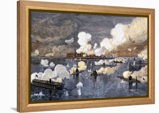 Union Fleet Bombarding Fort Sumter to Retake Charleston Harbor from the Confederates, c.1863-null-Framed Premier Image Canvas