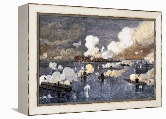 Union Fleet Bombarding Fort Sumter to Retake Charleston Harbor from the Confederates, c.1863-null-Framed Premier Image Canvas