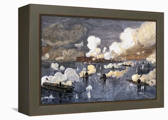 Union Fleet Bombarding Fort Sumter to Retake Charleston Harbor from the Confederates, c.1863-null-Framed Premier Image Canvas