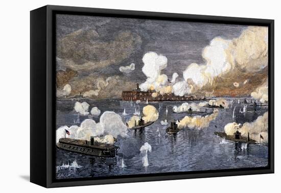 Union Fleet Bombarding Fort Sumter to Retake Charleston Harbor from the Confederates, c.1863-null-Framed Premier Image Canvas