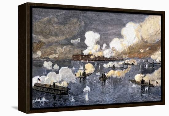 Union Fleet Bombarding Fort Sumter to Retake Charleston Harbor from the Confederates, c.1863-null-Framed Premier Image Canvas