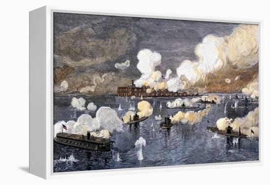 Union Fleet Bombarding Fort Sumter to Retake Charleston Harbor from the Confederates, c.1863-null-Framed Premier Image Canvas