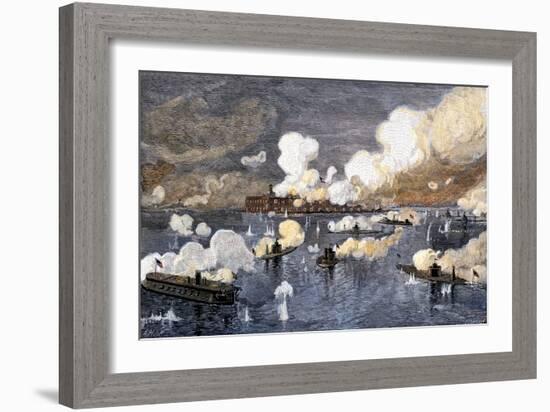 Union Fleet Bombarding Fort Sumter to Retake Charleston Harbor from the Confederates, c.1863-null-Framed Giclee Print