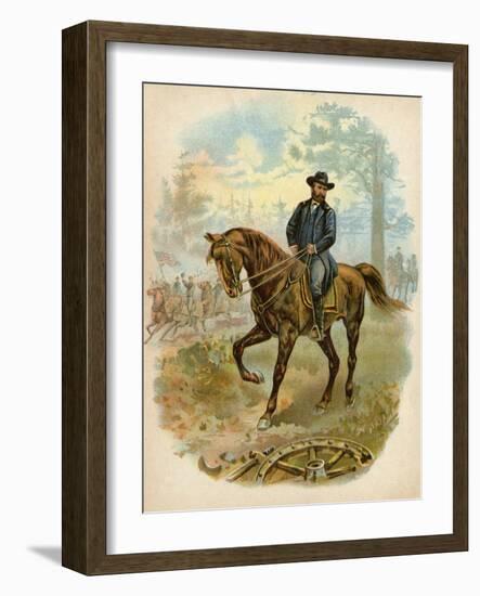 Union General Ulysses S. Grant on Horseback on a Civil War Battlefield-null-Framed Giclee Print