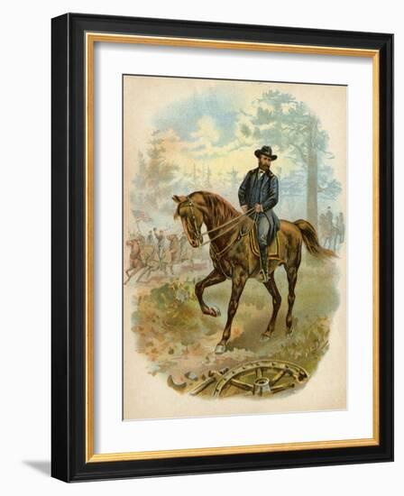 Union General Ulysses S. Grant on Horseback on a Civil War Battlefield-null-Framed Giclee Print