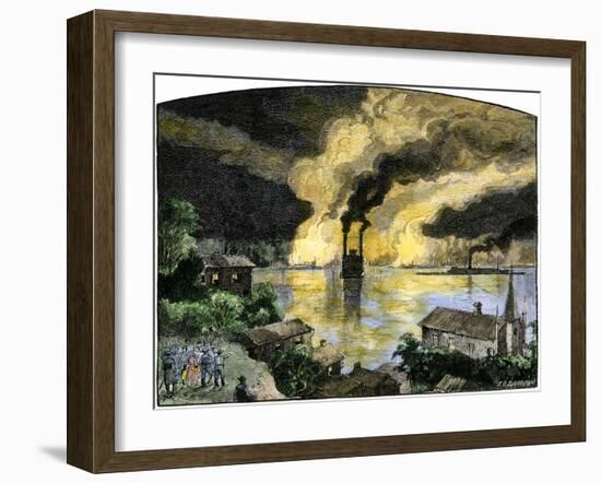 Union Gunboats and Steamships Passing the Confederate Stronghold Vicksburg, Night of April 16, 1863-null-Framed Giclee Print