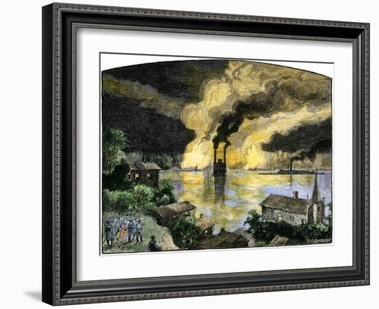 Union Gunboats and Steamships Passing the Confederate Stronghold Vicksburg, Night of April 16, 1863-null-Framed Giclee Print