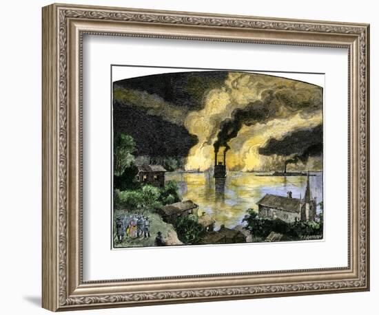 Union Gunboats and Steamships Passing the Confederate Stronghold Vicksburg, Night of April 16, 1863--Framed Giclee Print