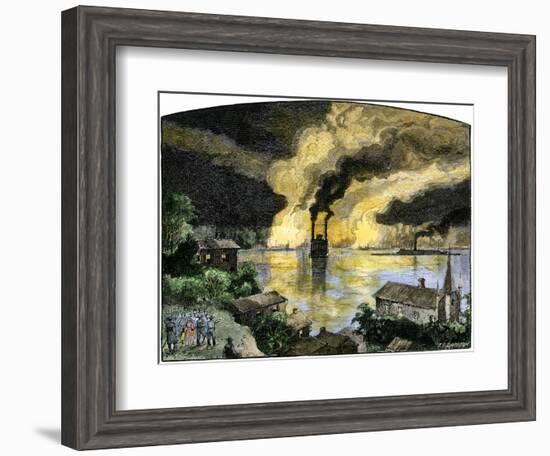 Union Gunboats and Steamships Passing the Confederate Stronghold Vicksburg, Night of April 16, 1863-null-Framed Giclee Print