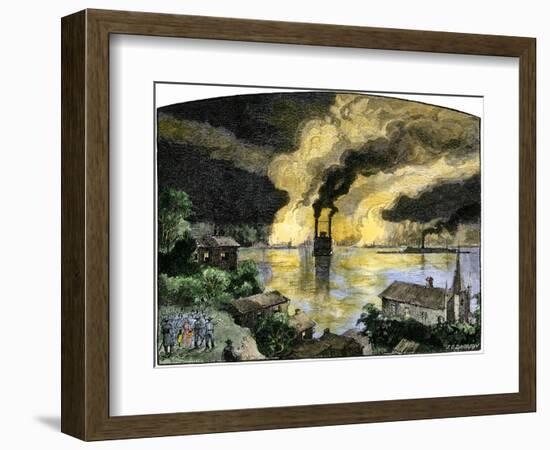 Union Gunboats and Steamships Passing the Confederate Stronghold Vicksburg, Night of April 16, 1863-null-Framed Giclee Print