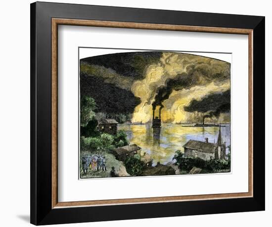 Union Gunboats and Steamships Passing the Confederate Stronghold Vicksburg, Night of April 16, 1863-null-Framed Giclee Print