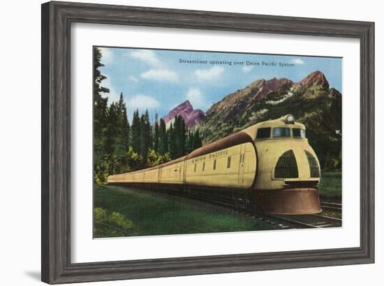 Union Pacific Streamliner Passing Mountains-Lantern Press-Framed Art Print