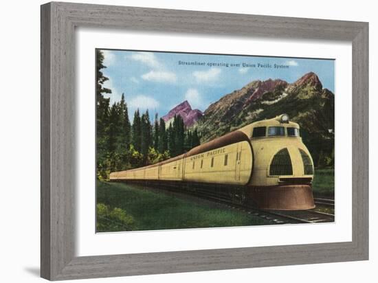 Union Pacific Streamliner Passing Mountains-Lantern Press-Framed Art Print