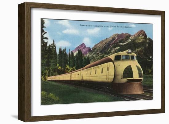 Union Pacific Streamliner Passing Mountains-Lantern Press-Framed Art Print