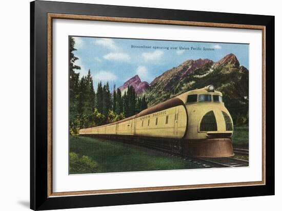 Union Pacific Streamliner Passing Mountains-Lantern Press-Framed Art Print