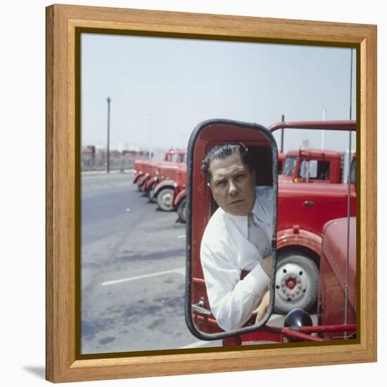 Union President Jimmy Hoffa's Image Reflected in Rear View Mirror in Red Truck-Hank Walker-Framed Premier Image Canvas