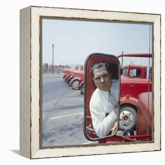 Union President Jimmy Hoffa's Image Reflected in Rear View Mirror in Red Truck-Hank Walker-Framed Premier Image Canvas