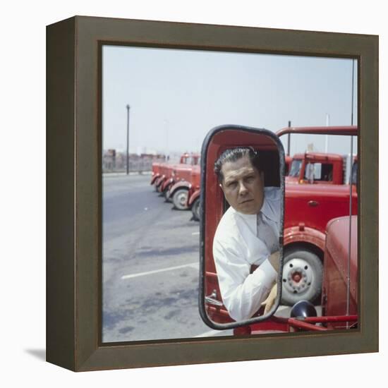 Union President Jimmy Hoffa's Image Reflected in Rear View Mirror in Red Truck-Hank Walker-Framed Premier Image Canvas