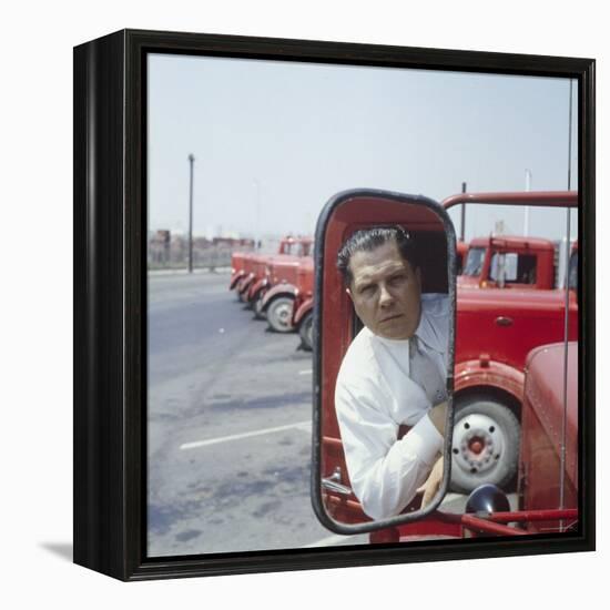 Union President Jimmy Hoffa's Image Reflected in Rear View Mirror in Red Truck-Hank Walker-Framed Premier Image Canvas